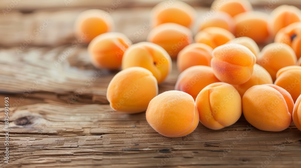 Fresh apricots scattered on a weathered wooden surface, warm sunlight, dramatic shadows, high detail, room for copy, focus cover all object, deep dept of field Fresh apricots scattered on a weathered wooden surface, warm sunlight, dramatic shadows, high detail, room for copy, focus cover all object, deep dept of field