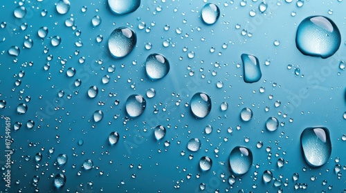 Focus on water drops on blue surface background