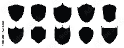 Shield interrogation icon set. Privacy guarantee shield vector icon in safety guard strong shield shape icon. Secure safeguard web sign on white background in eps 10.