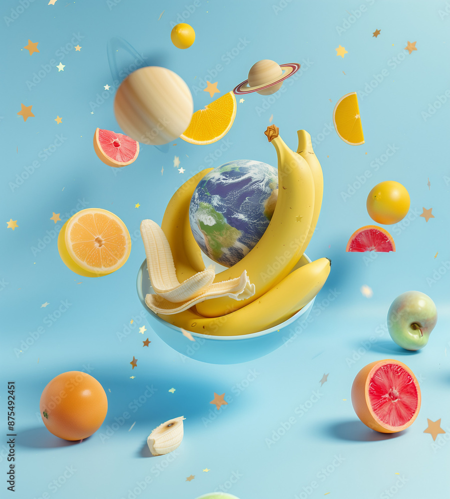 Fototapeta A bowl of fruit floats in the air, surrounded by planets and stars against a blue background, captured in the style of advertising photography.



