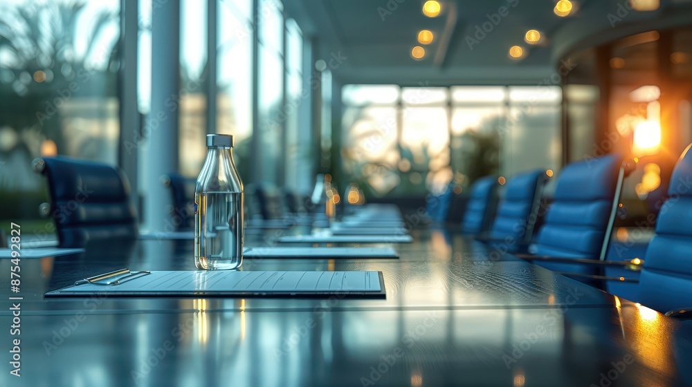 A modern boardroom is depicted with bottled water and documents placed on a table. Blue chairs are aligned neatly, and the room is brightly lit by the setting sun through large windows. A modern boardroom is depicted with bottled water and documents placed on a table. Blue chairs are aligned neatly, and the room is brightly lit by the setting sun through large windows.
