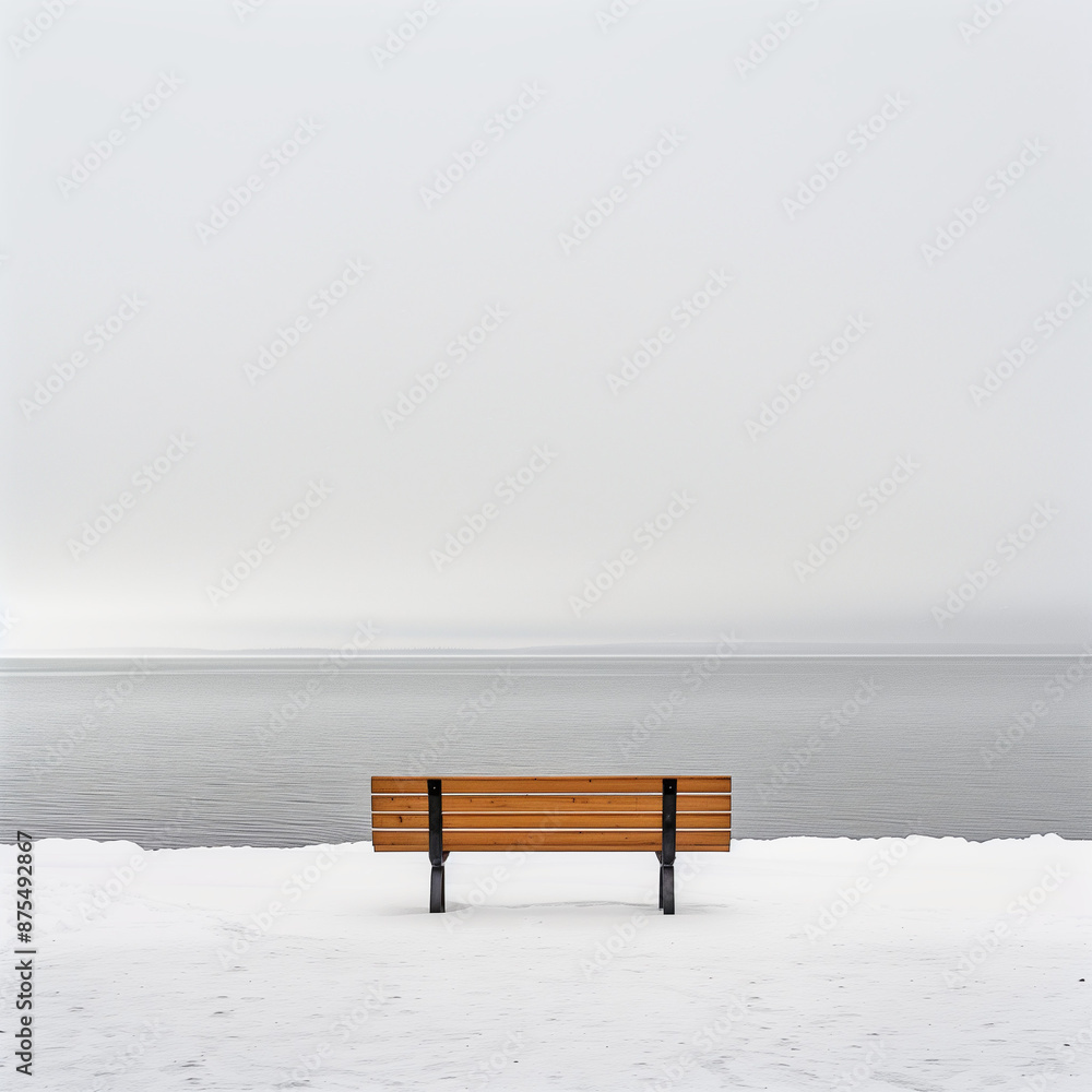 A simple bench in the snow, with a white background and a calm sea behind it.
A simple bench in the snow, with a white background and a calm sea behind it.