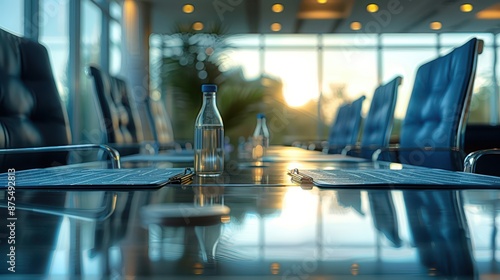 A boardroom with a contemporary touch is illustrated here. Bottled water is placed on the table alongside documents, with a background of sunlight passing through large glass windows.