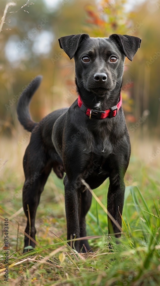 Close-up of an alert black Patterdale terrier in a field of green grass. Dog with short, smooth black fur and an alert expression. Close-up of an alert black Patterdale terrier in a field of green grass. Dog with short, smooth black fur and an alert expression.