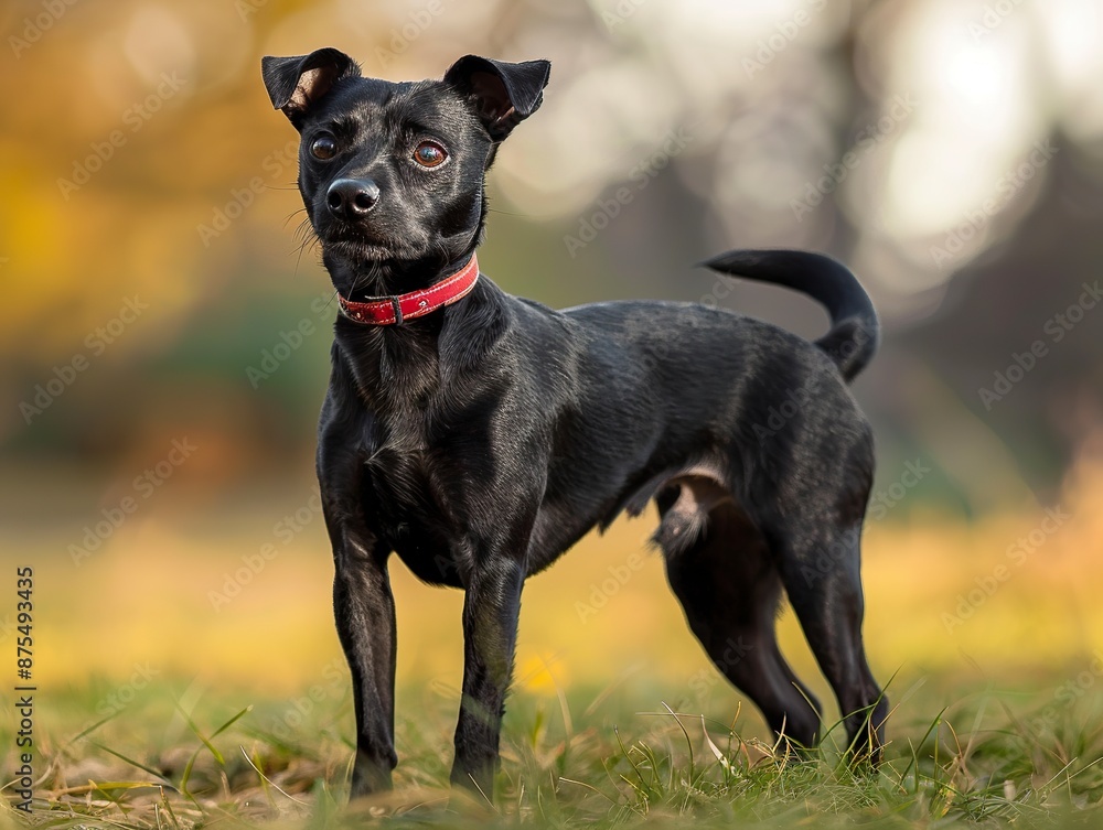 Close-up of an alert black Patterdale terrier in a field of green grass. Dog with short, smooth black fur and an alert expression. Close-up of an alert black Patterdale terrier in a field of green grass. Dog with short, smooth black fur and an alert expression.