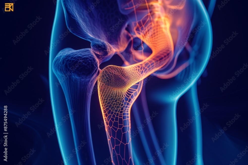 Close-up 3D illustration of human hip muscles with highlighted structure in vibrant blue and orange hues Close-up 3D illustration of human hip muscles with highlighted structure in vibrant blue and orange hues