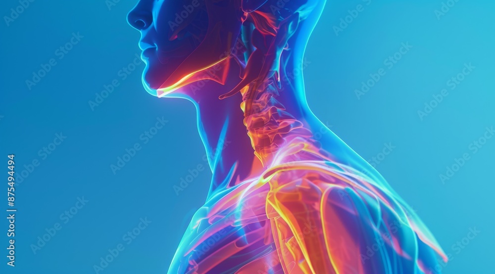 3D rendering of human neck and shoulder anatomy with vibrant blue and orange highlights 3D rendering of human neck and shoulder anatomy with vibrant blue and orange highlights