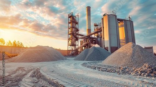 Industrial site with a large industrial building in the background and piles of rocks. Concrete, cement, gravel plant or stone crusher. Illustration for banner, poster, cover, brochure or presentation