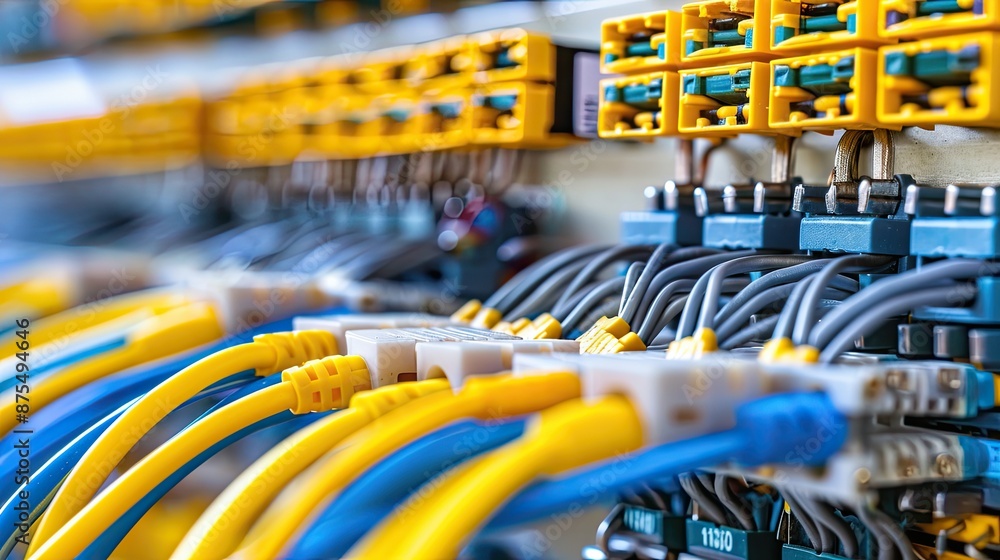 Network cables plugged in network switch. Technology data center. Illustration for banner, poster, cover, brochure or presentation. Network cables plugged in network switch. Technology data center. Illustration for banner, poster, cover, brochure or presentation.