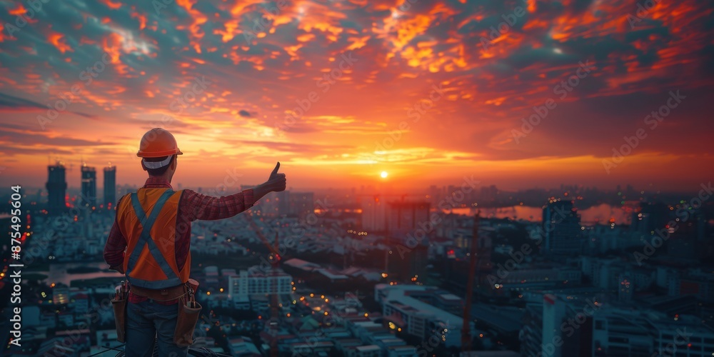Construction worker giving a thumbs up at sunrise on a city skyline. Conceptual photograph for construction and cityscape design. Banner with copy space Construction worker giving a thumbs up at sunrise on a city skyline. Conceptual photograph for construction and cityscape design. Banner with copy space