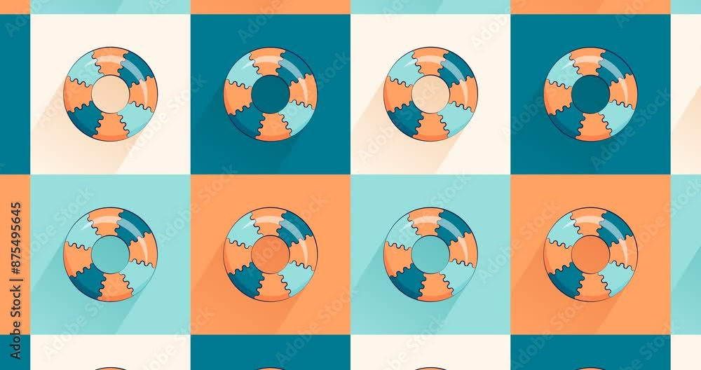 4K animated pattern of Inflatable ring for swimming moving from top to bottom. Summer pattern with beach accessories in a hand-drawn style creating a repeatable background. Horizontal video. 4K animated pattern of Inflatable ring for swimming moving from top to bottom. Summer pattern with beach accessories in a hand-drawn style creating a repeatable background. Horizontal video.