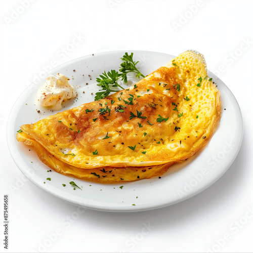 Omelet with fresh herbs on a white plate, set against a clean white background