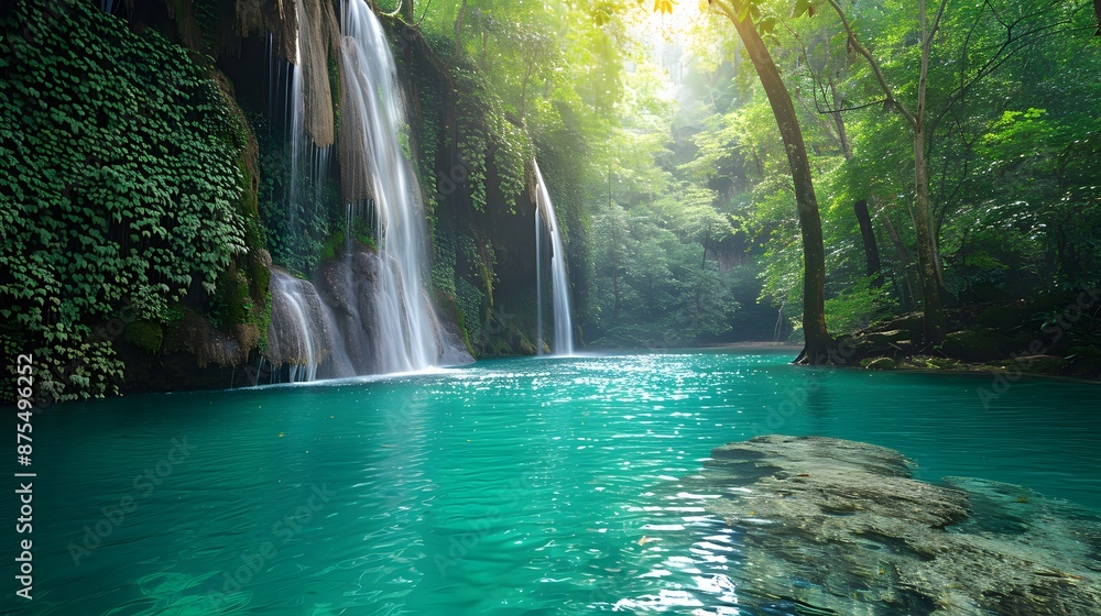 A beautiful waterfall is surrounded by lush green trees and a calm blue river, generative AI A beautiful waterfall is surrounded by lush green trees and a calm blue river, generative AI