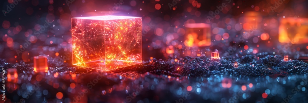 Glowing cube and particles in a digital landscape. Digital art for technology and futuristic design. Banner with copy space Glowing cube and particles in a digital landscape. Digital art for technology and futuristic design. Banner with copy space