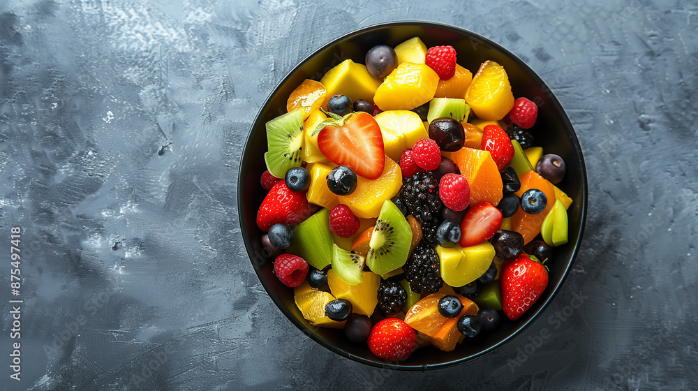 Fresh colorful fruit salad in dark bowl on grey concrete background Fresh colorful fruit salad in dark bowl on grey concrete background