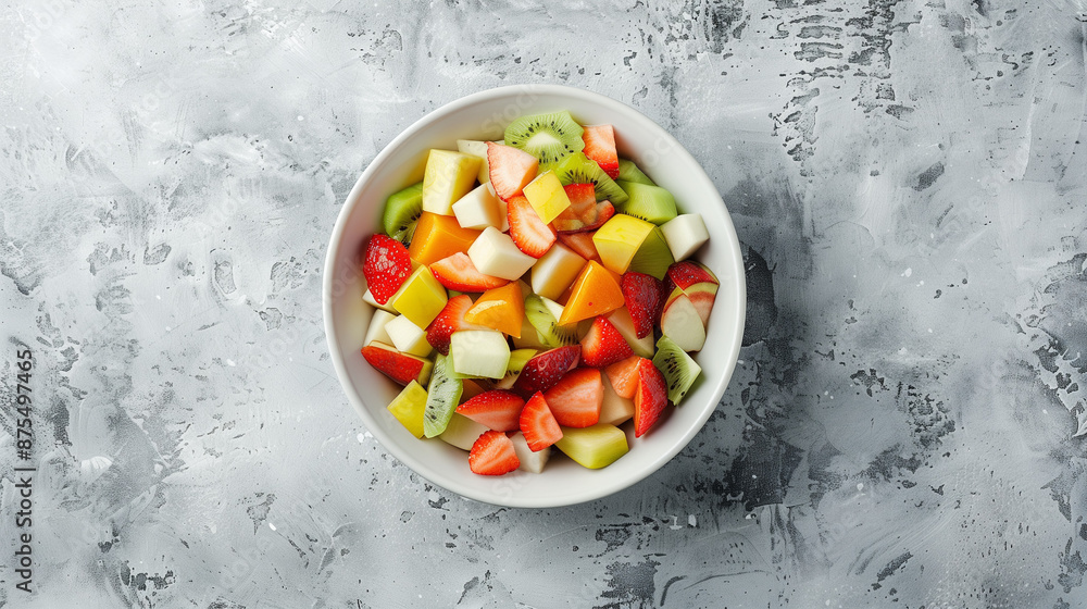 Fruit salad in a white bowl on a stone countertop Fruit salad in a white bowl on a stone countertop