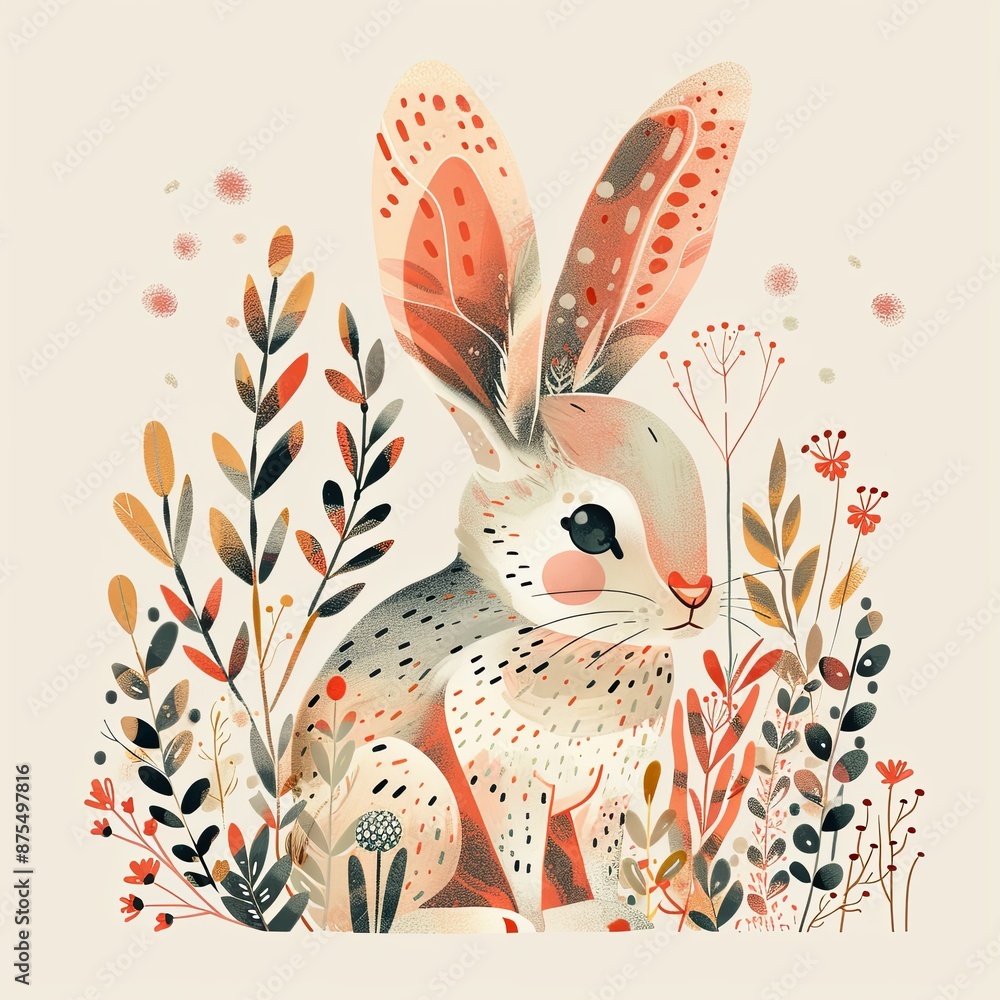 Rabbit sitting in a clearing. Different grassy plants and flowers grow ...