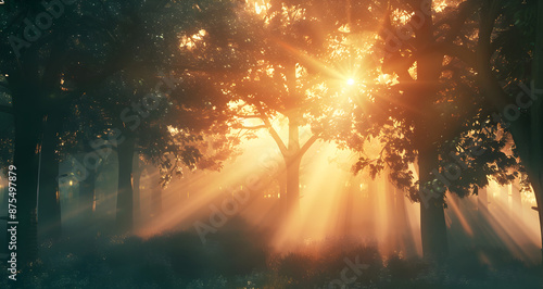 Enchanting Sunset Through Dense Forest Rays of Setting Sun Painting Foliage in Warm Light, enchanting sunset, dense forest, setting sun rays, warm light, forest foliage, sunset through trees, forest