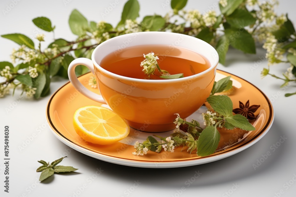 Floral Teacup with Herbal Tea and Lemons Floral Teacup with Herbal Tea and Lemons