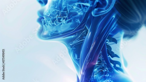 A digital illustration showcasing the anatomy of the human neck, featuring muscles and bones in shades of blue photo