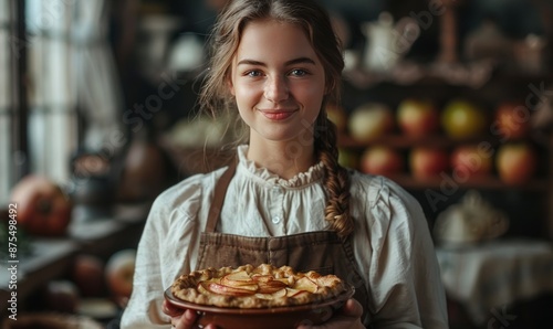 A woman holding an apple pie