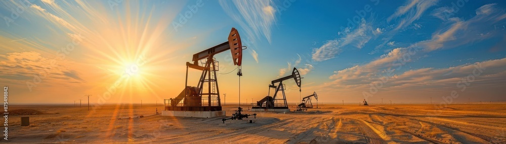 Oil derricks silhouetted against a vibrant sunset sky. Oil derricks silhouetted against a vibrant sunset sky.