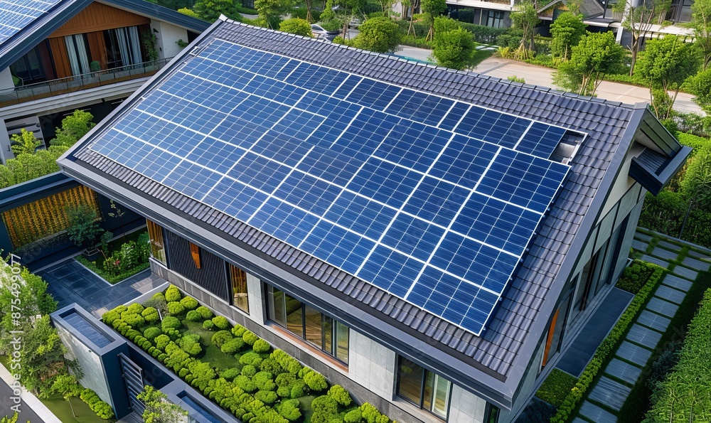 Aerial view of solar energy panels on the roof Aerial view of solar energy panels on the roof