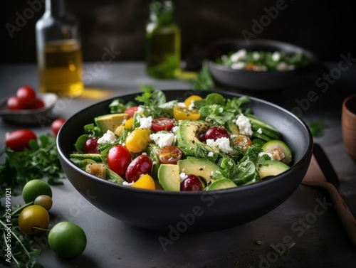 Scrumptious salad with fresh greens, ripe tomatoes, avocado, and feta cheese