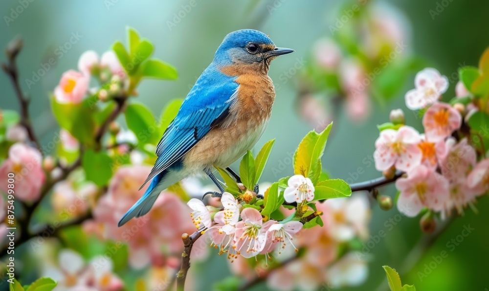 A bluebird sits on the branch of a flowering tree