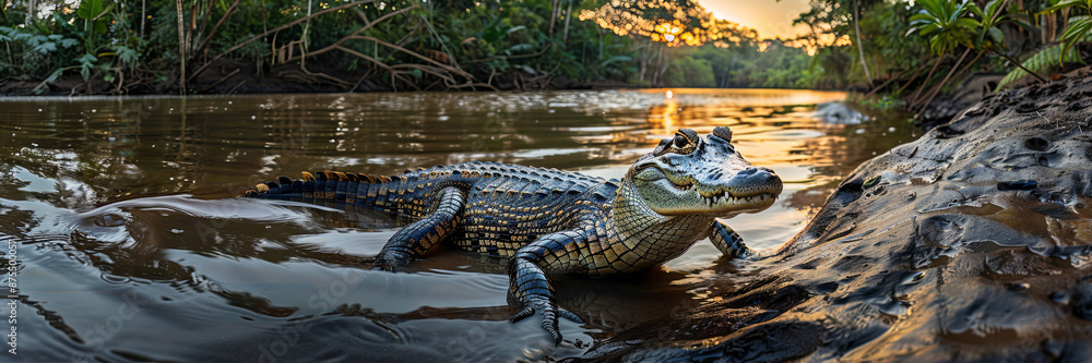 Obraz premium Crocodile Basking in the Amazon River at Sunset