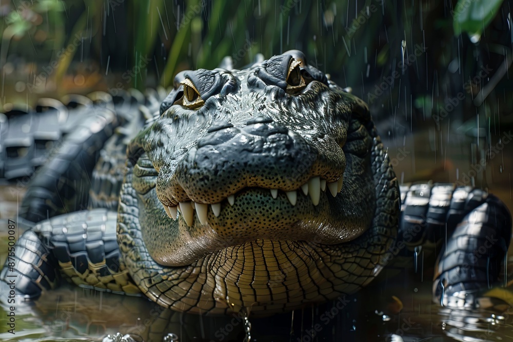 Obraz premium Close Up of an Alligator in a Tropical Rainforest During a Rain Shower