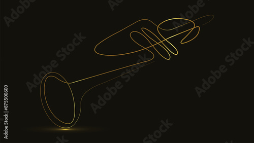 Trumpet. Line Art. Glowing gold line. Musical instrument trumpet icon. Isolated on black background. Vector illustration. Simplicity design. Music concept. Continuous one line drawing. logo design. 
