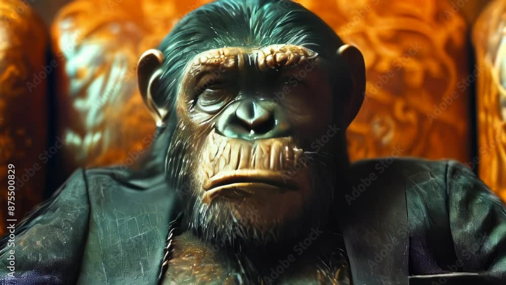 Chimpanzee businessman boss in suit sitting at a table in office and working on a laptop Chimpanzee businessman boss in suit sitting at a table in office and working on a laptop