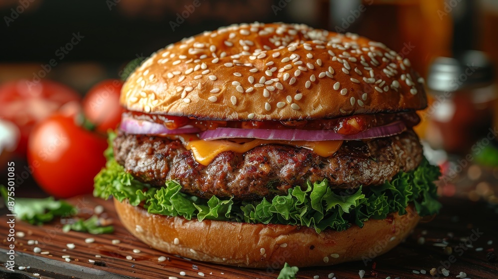 This is a close-up of a delicious burger on a wooden table that was made at home. This is a close-up of a delicious burger on a wooden table that was made at home.