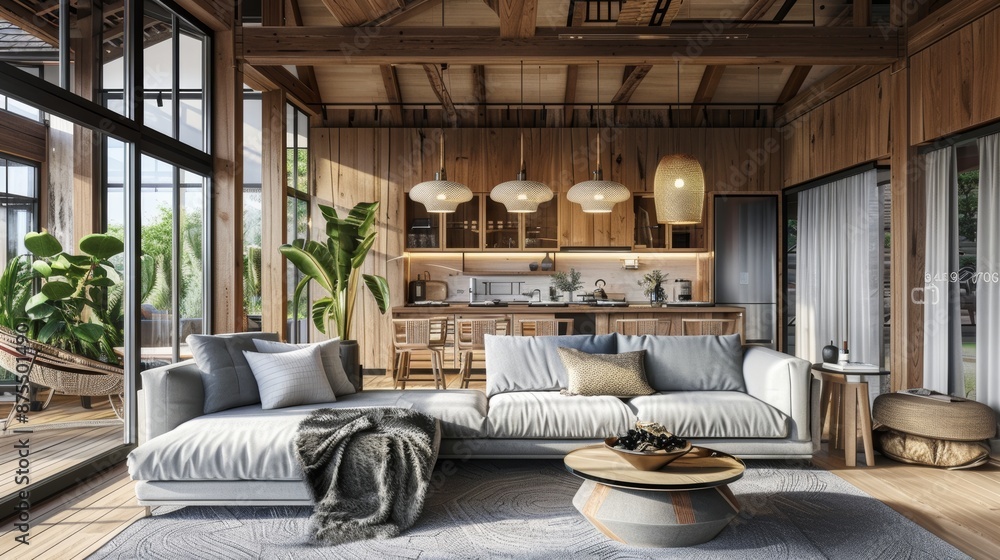 A 3D rendering of an attic loft apartment in the modern luxury style A 3D rendering of an attic loft apartment in the modern luxury style