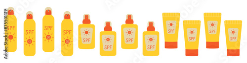 Large set of sun protection. Sprays, tubes with sunscreen cosmetics. Cream with SPF to protect the skin. Vector illustration.