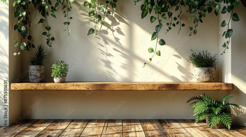 White empty wall with shadows cast by plants and wooden table. White empty wall with shadows cast by plants and wooden table.
