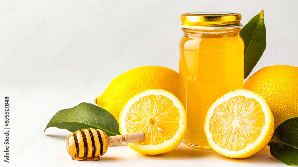 Honey jars, lemon slice, and honeycomb with a honey dipper on a white background. A few green leaves complete the image. Perfect for a healthy food, or beverage advertisement. Honey jars, lemon slice, and honeycomb with a honey dipper on a white background. A few green leaves complete the image. Perfect for a healthy food, or beverage advertisement.