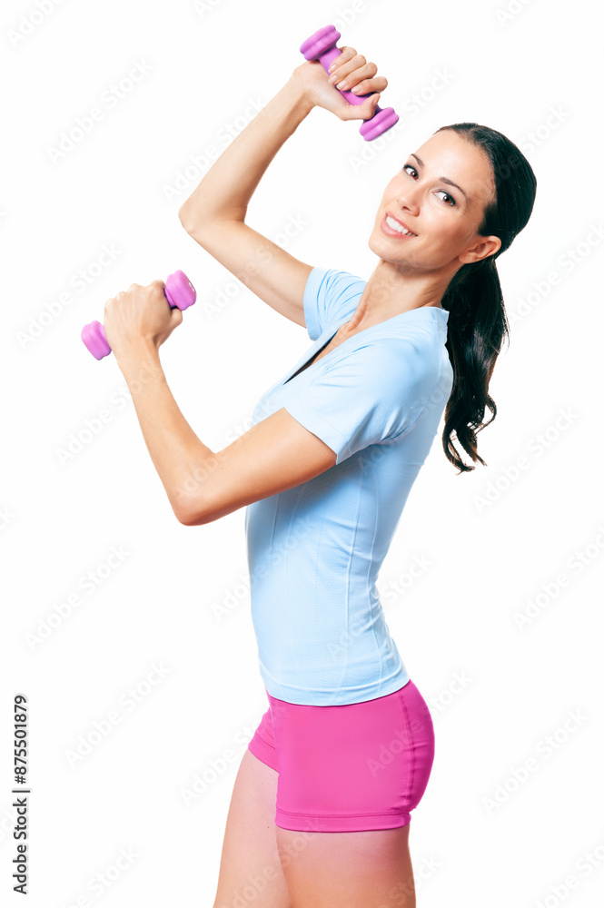 Pretty young brunette woman in exercise clothing with hand weights isolated on white Pretty young brunette woman in exercise clothing with hand weights isolated on white