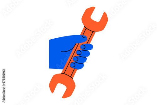 Hand drawn cute cartoon illustration hand wrench or spanner instrument. Flat vector repair tool in arm colored doodle style. Support service hardware icon. Settings or fix problem. Isolated.