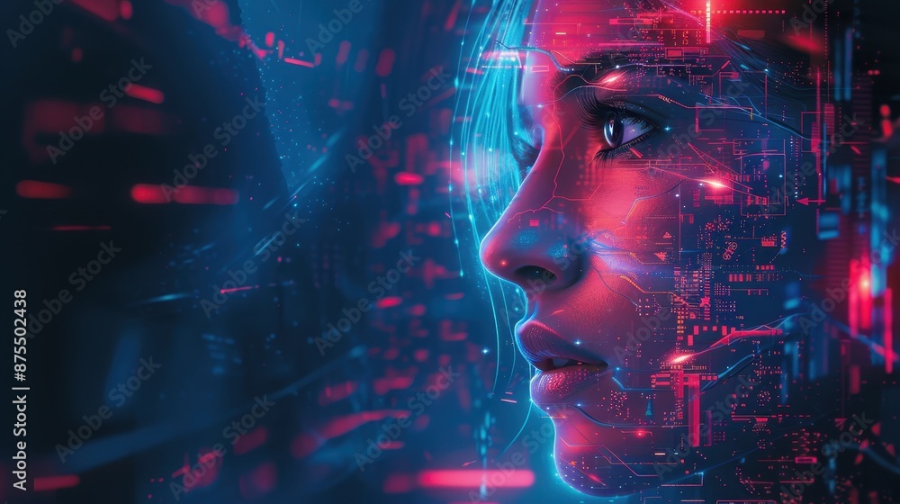 Futuristic Digital Portrait of a Woman Immersed in Technology. Generative AI Futuristic Digital Portrait of a Woman Immersed in Technology. Generative AI