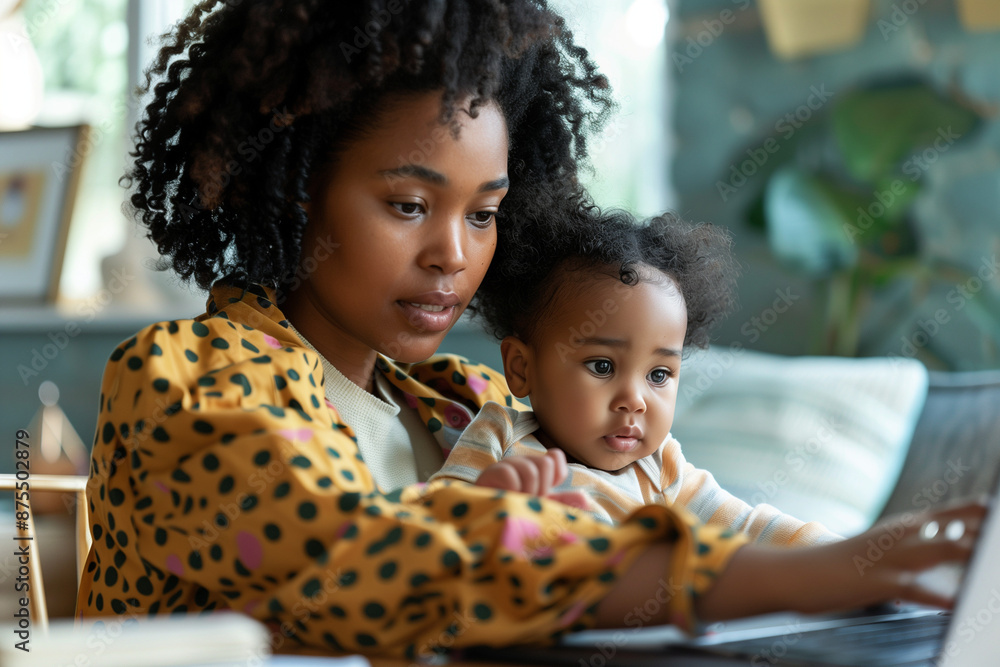 Black Woman Professional Mom Multitasking with Baby Toddler Child on Lap while Working from Home with Flexible Schedule
