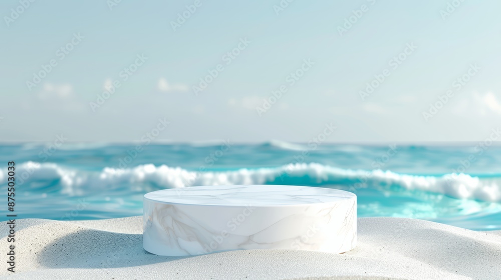 Luxurious 3D podium by the seaside, showcasing detailed waves and sand in 8k resolution, perfect for promotional materials, focus cover all object, deep dept of field Luxurious 3D podium by the seaside, showcasing detailed waves and sand in 8k resolution, perfect for promotional materials, focus cover all object, deep dept of field