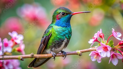 Broad Billed Hummingbird. Using different backgrounds the bird becomes more interesting and blends with the colors. These birds are native to Mexico and brighten up most gardens where flowers bloom.