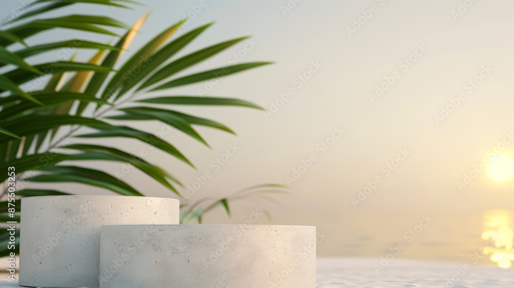 Modern 3D podium on a sunset beach, with intricate details and vivid colors, 8k resolution, perfect for summer themes, focus cover all object, deep dept of field Modern 3D podium on a sunset beach, with intricate details and vivid colors, 8k resolution, perfect for summer themes, focus cover all object, deep dept of field