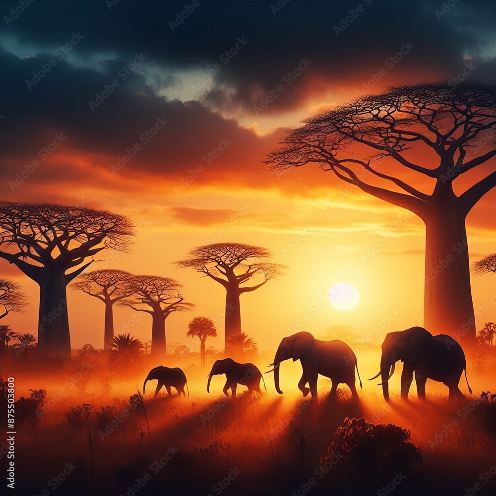 Baobab Silhouettes and Elephants Baobab Silhouettes and Elephants
