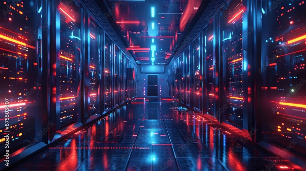 Fototapeta premium Futuristic Server Room With Red And Blue Lights. Generative AI