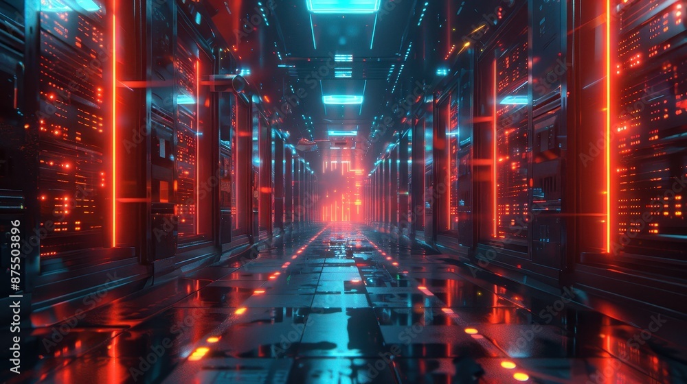 Futuristic Server Room With Red And Blue Neon Lights. Generative AI Futuristic Server Room With Red And Blue Neon Lights. Generative AI