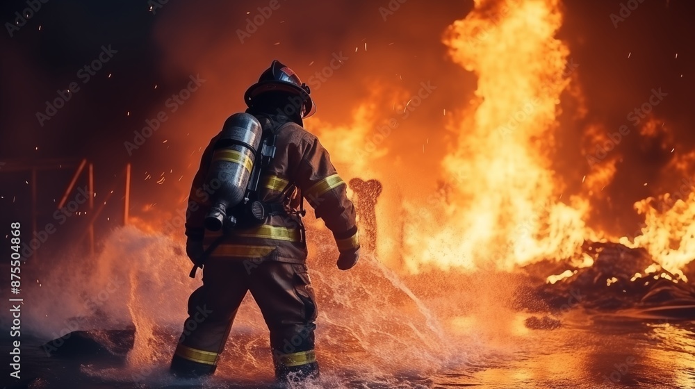 firefighter training., fireman using water and extinguisher to fighting with fire flame in an emergency situation., under danger situation all firemen wearing fire fighter suit for safety. firefighter training., fireman using water and extinguisher to fighting with fire flame in an emergency situation., under danger situation all firemen wearing fire fighter suit for safety.