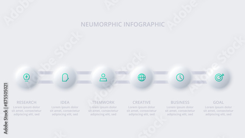 Neumorphic flowchart infographic. Creative concept for infographic with 6 options. Template for presentation and chart.